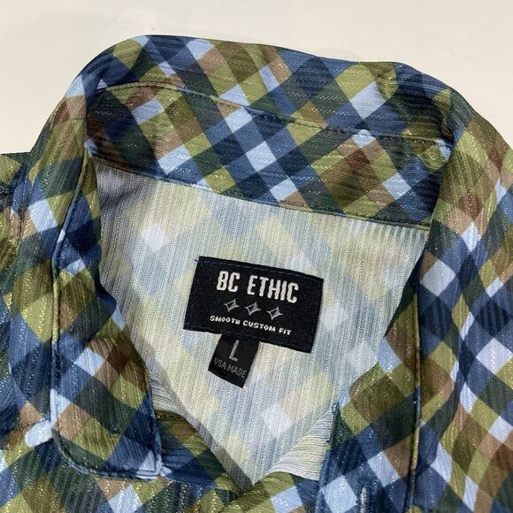 BC Ethic Men’s Lounge Club Shirt Lg Textured Shine Casual Windowpane Button - Picture 4 of 7
